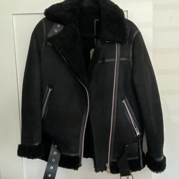 All Saints Black Shearling Coat - Picture 2 of 13